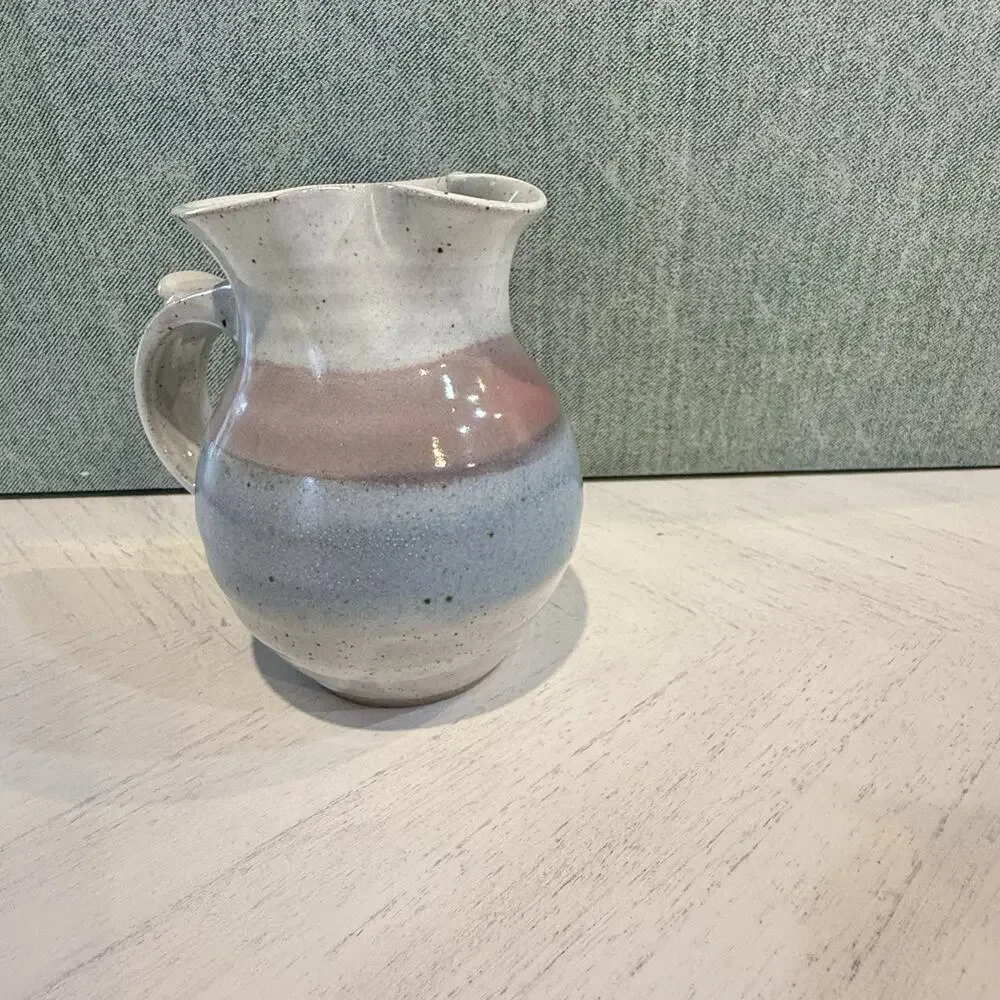 VTG Alewine Pottery Hand Thrown Glazed Pitcher Creamer 5.5” Pastel Pink Blue EUC